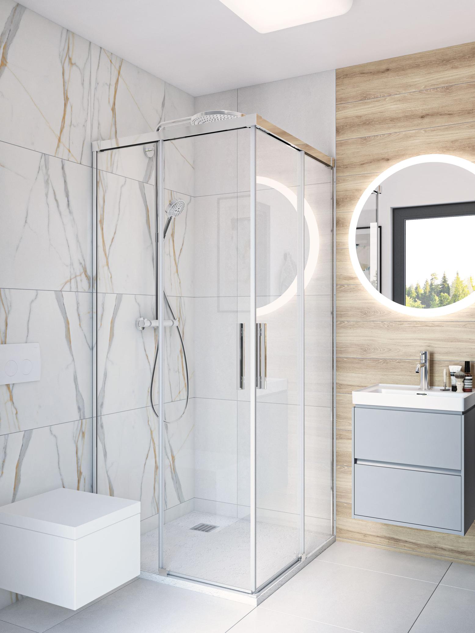 Zeitloses wcdesign mit Naturholz und neutralen Farben