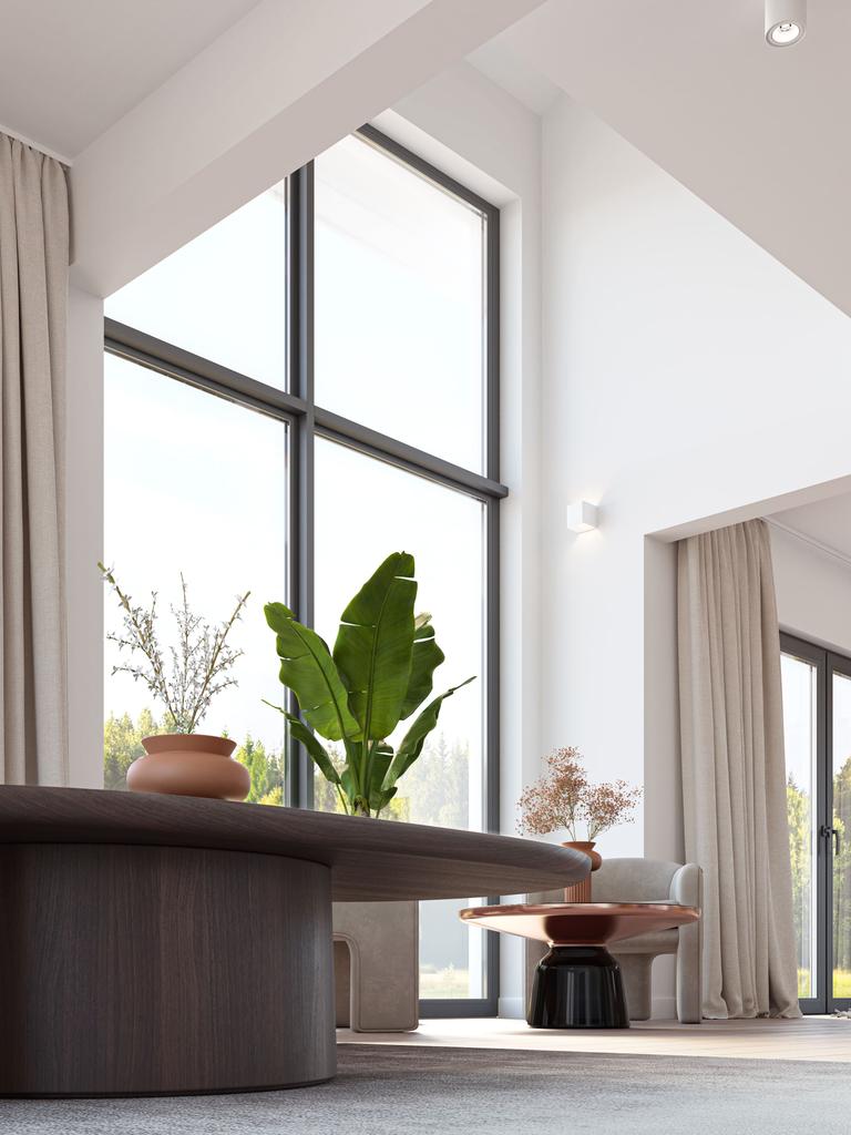 Helles Wohnzimmer in Weiß und Grau mit Holzakzenten