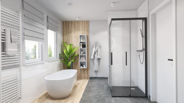 Weißes Bad mit grauen Akzenten und natürlichem Holz