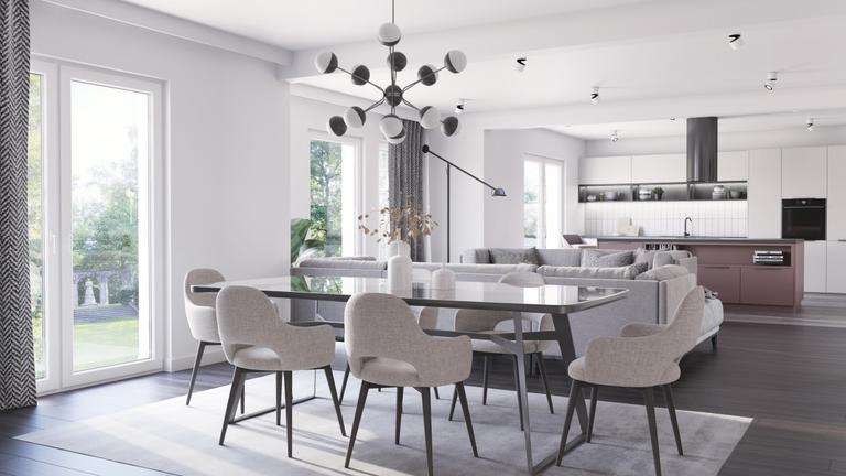 Moderner Essbereich mit minimalistischer Einrichtung und Holzboden