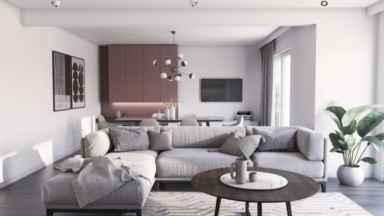 Moderner Essbereich mit minimalistischer Einrichtung und Holzboden