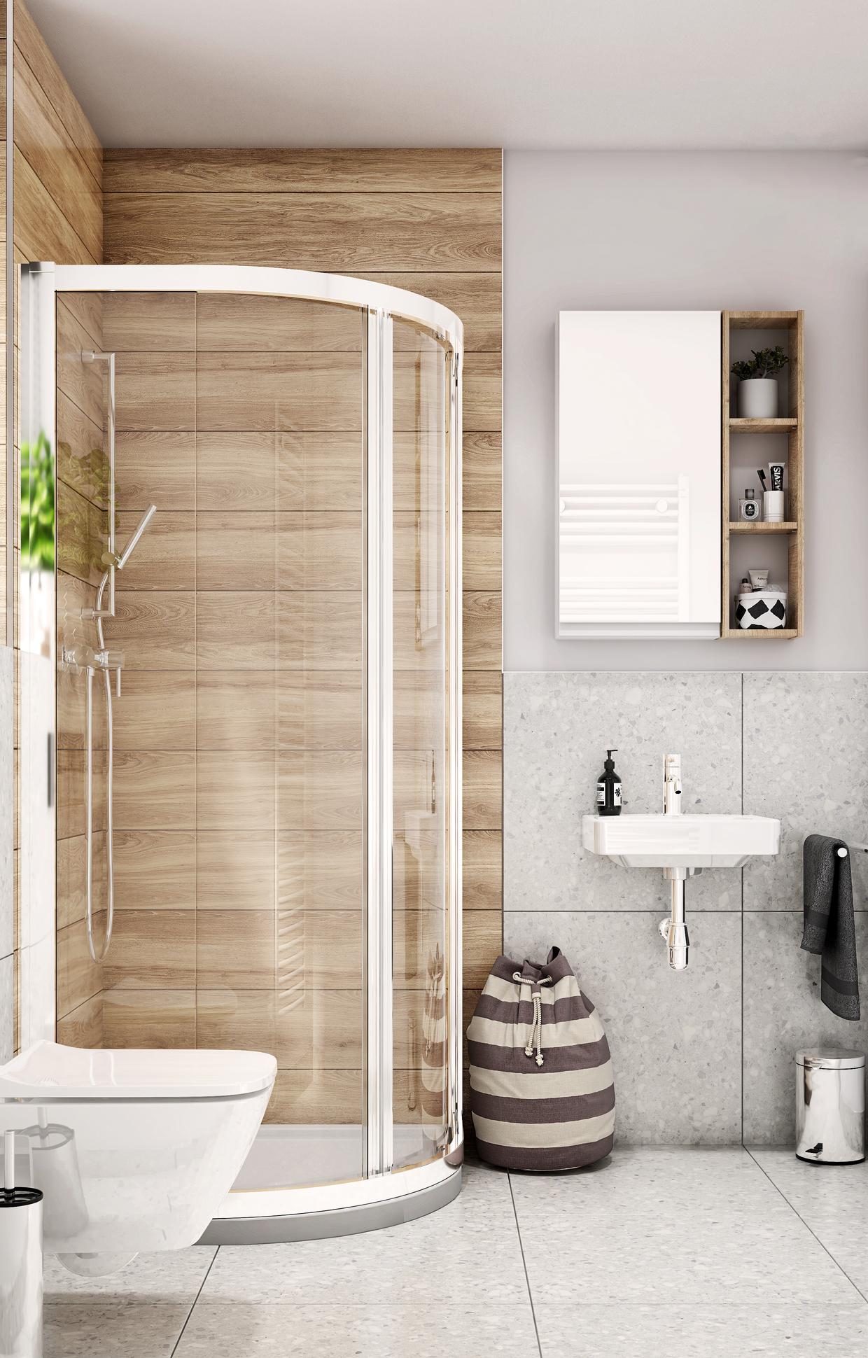 Harmonie aus Holz, Weiß und Grau im Badezimmer