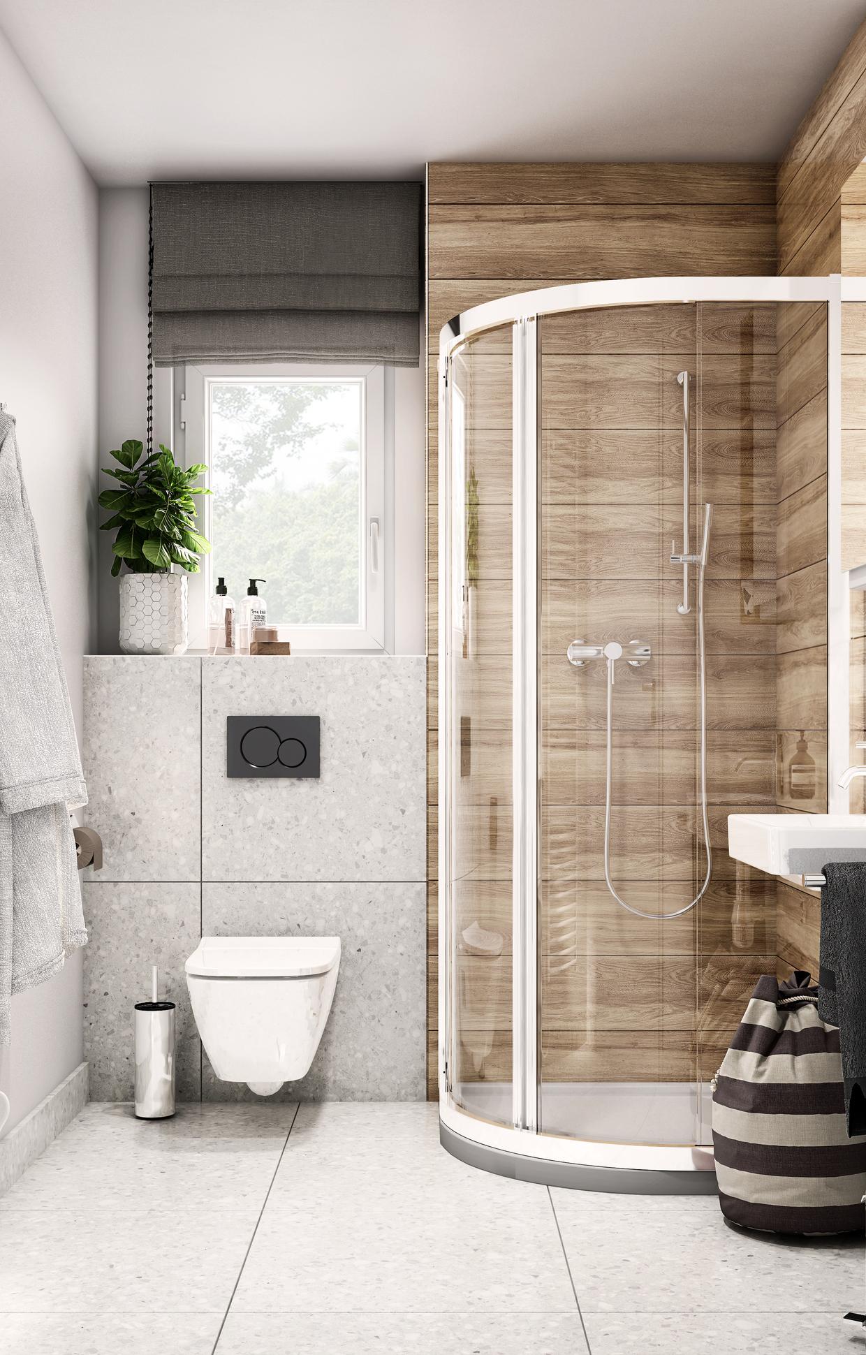 Harmonie aus Holz, Weiß und Grau im Badezimmer