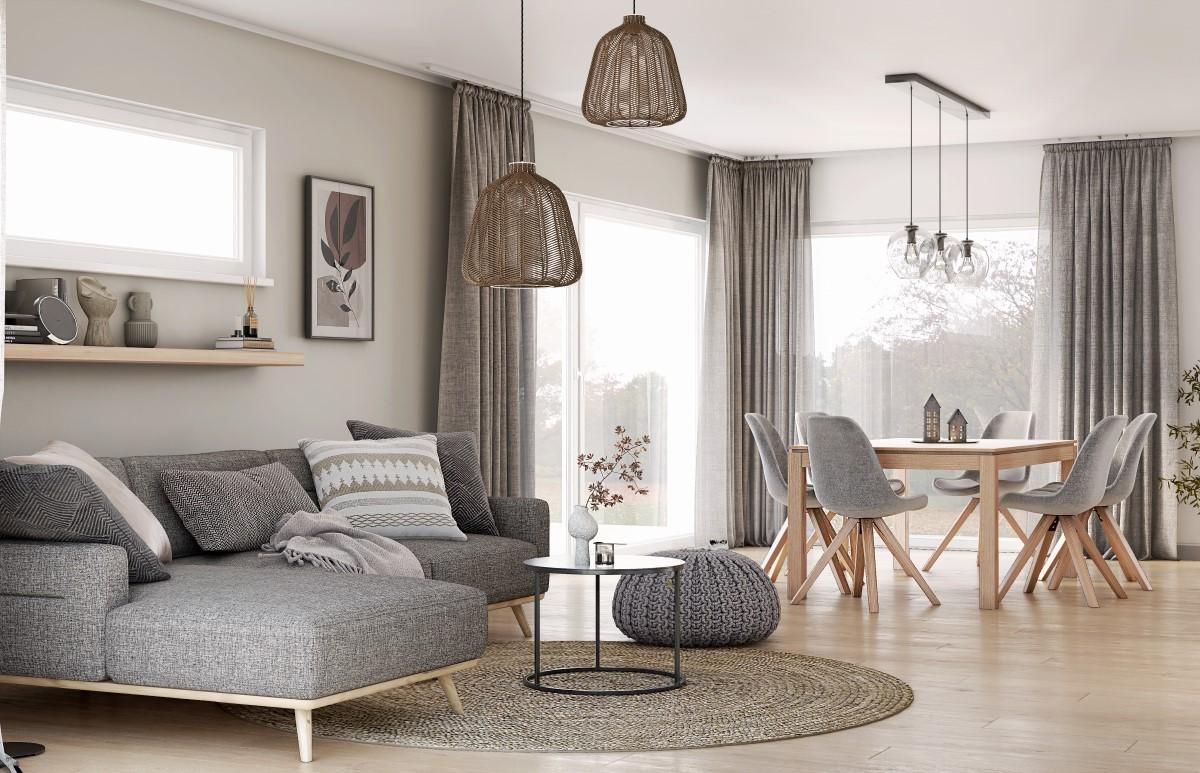 Sanfte Farbkombination aus Weiß, Grau und Braun