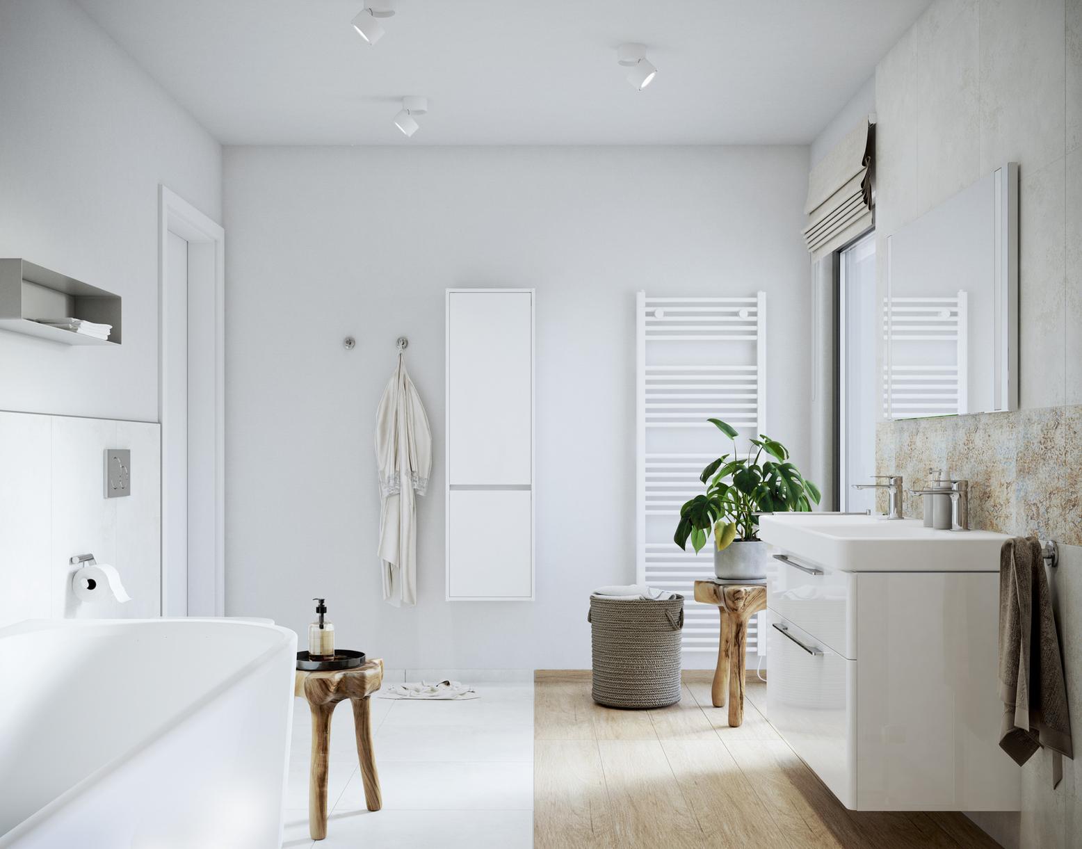 Helles Bad mit Fenster und Dekor aus Naturholz