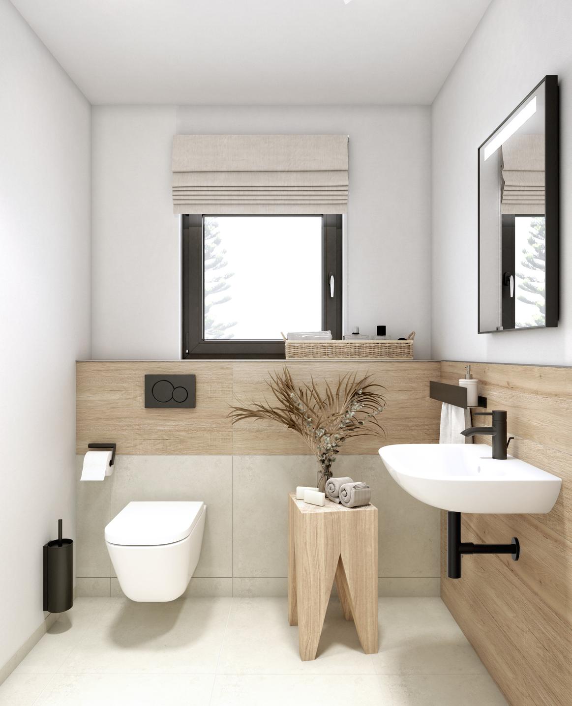 Naturinspiriertes Badezimmer mit warmen Holztönen