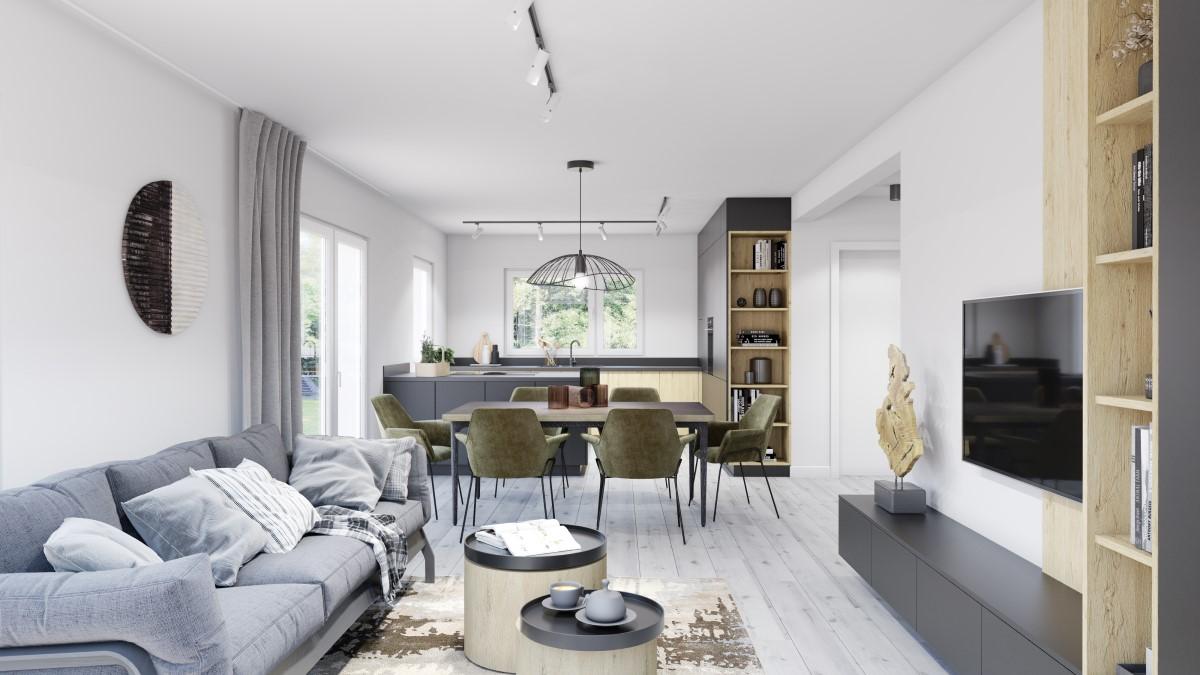 Offener Wohnbereich in Weiß, Grau und Holzoptik