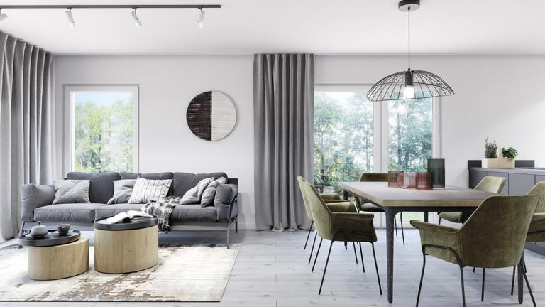 Offener Wohnbereich in Weiß, Grau und Holzoptik