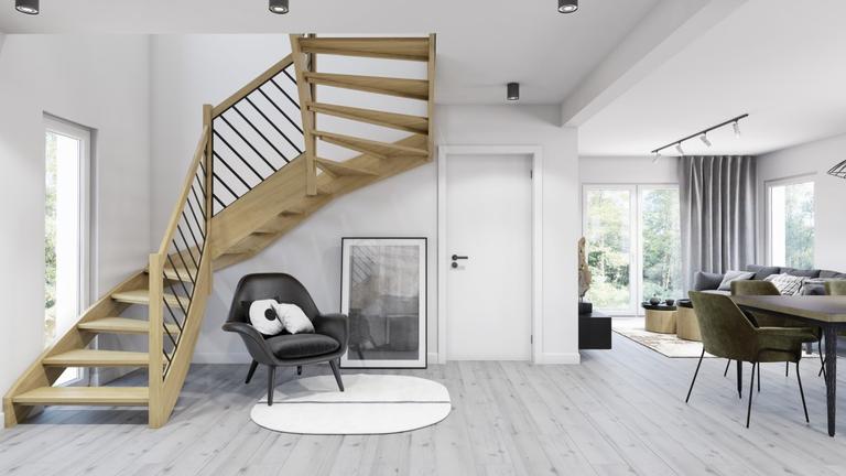 Offener Wohnbereich in Weiß, Grau und Holzoptik