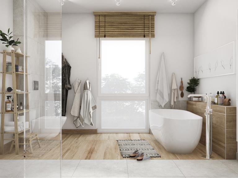 Badezimmer in Weiß und Braun mit moderner Ausstattung