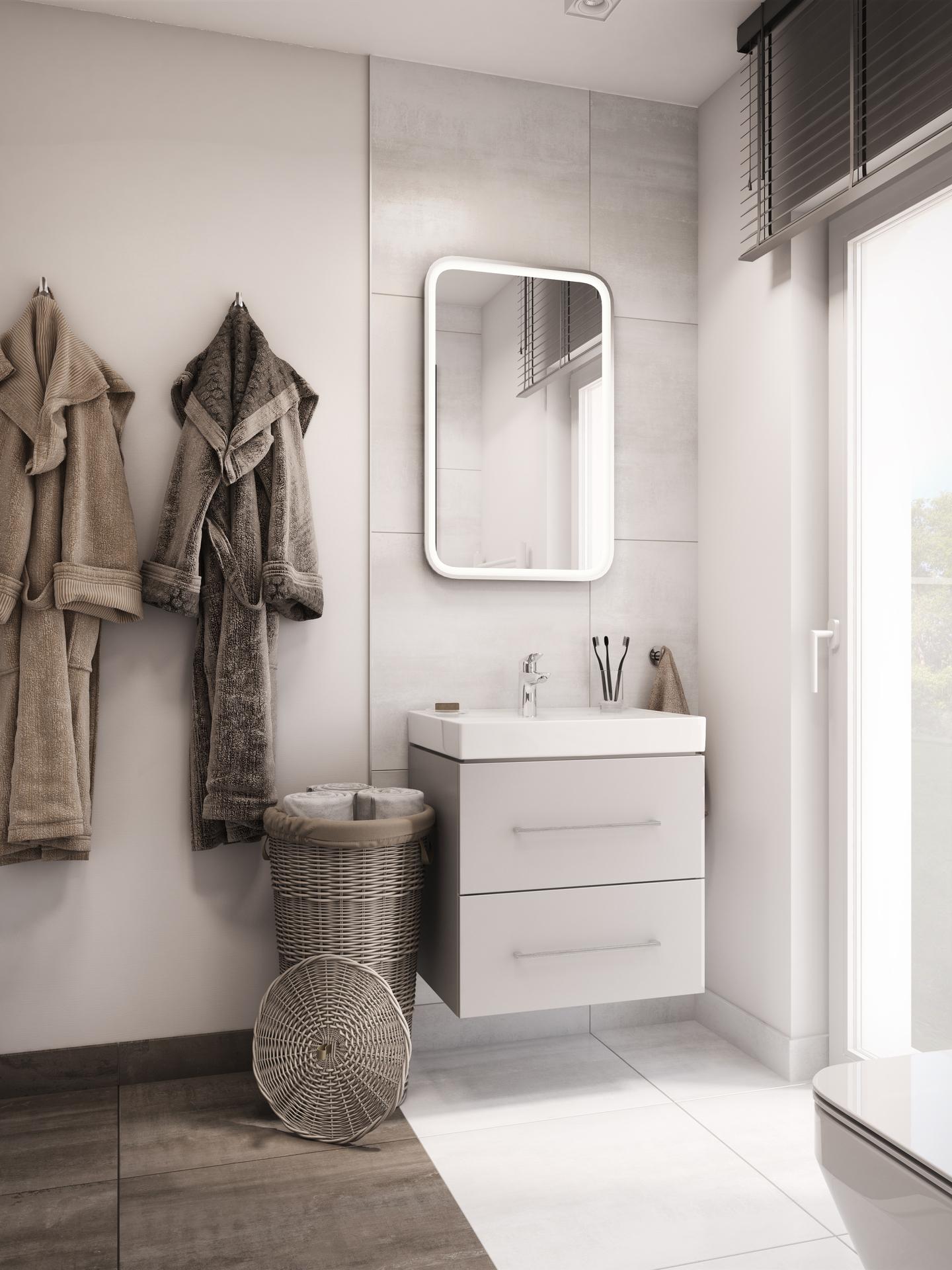 Bad mit heller Decke und braun-weißer Farbgestaltung