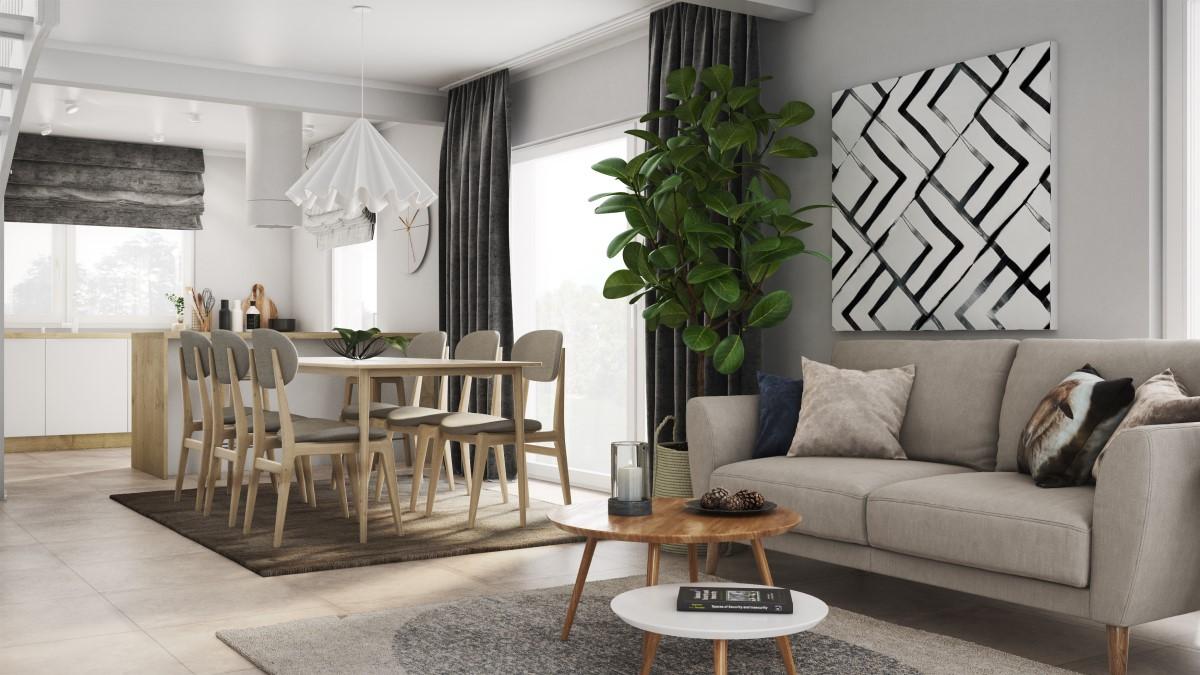 Wohnkonzept in neutralen Farben mit Holzakzenten