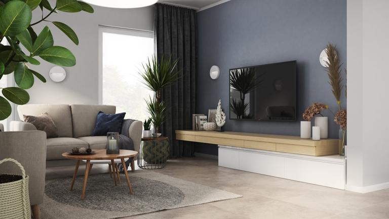 Wohnkonzept in neutralen Farben mit Holzakzenten