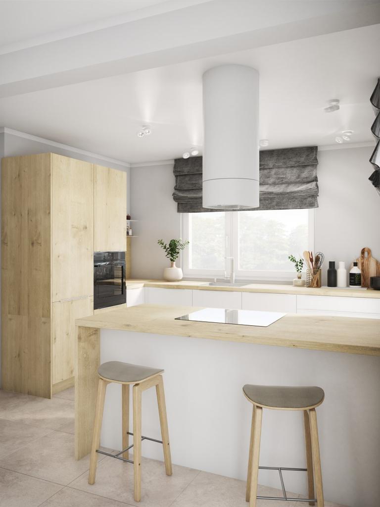 Wohnkonzept in neutralen Farben mit Holzakzenten