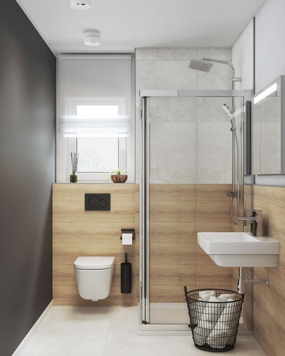 Badezimmer mit schwarzem Holz und grauen Elementen