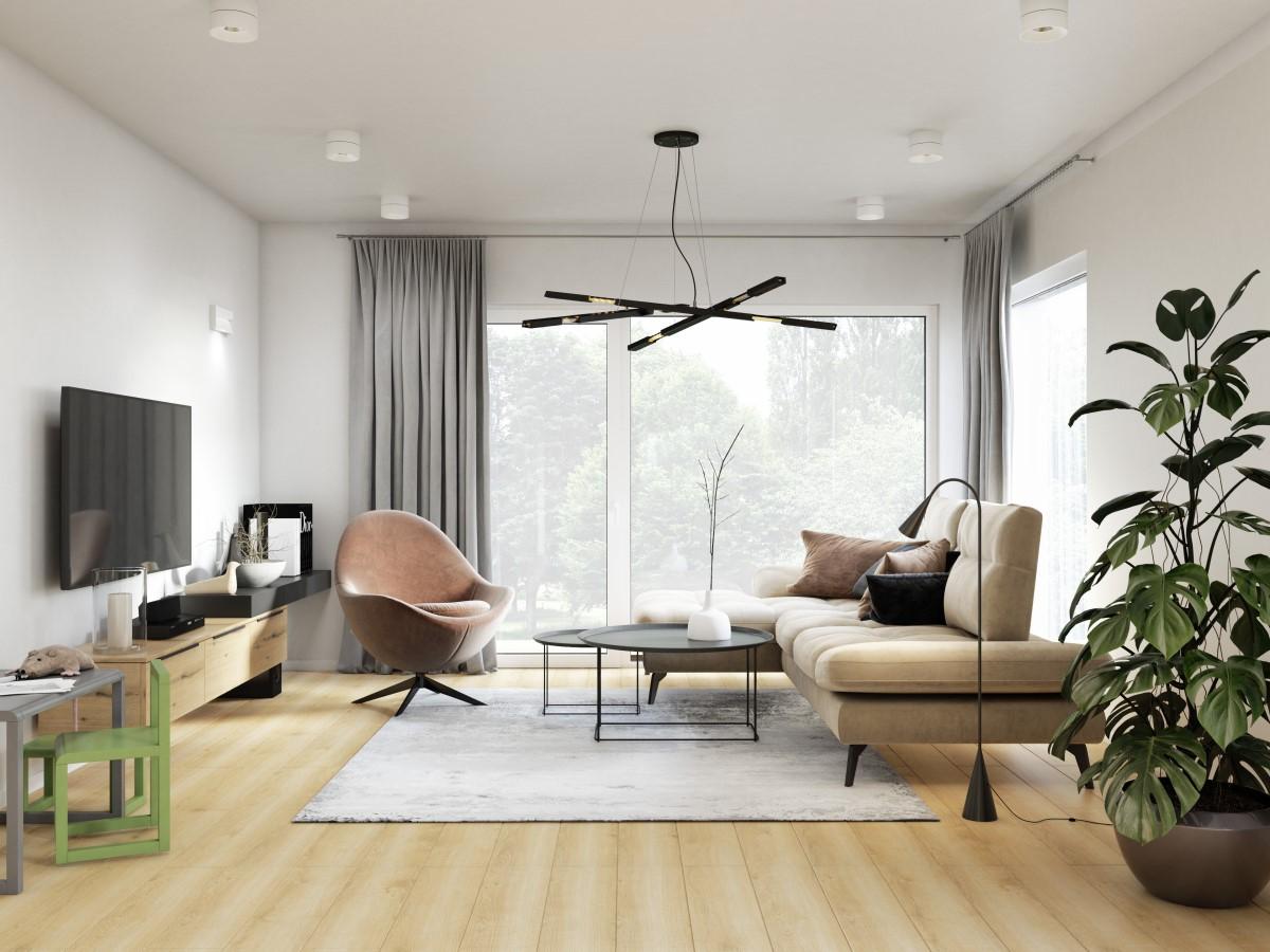 Elegante Kombination aus Weiß und Holzstrukturen