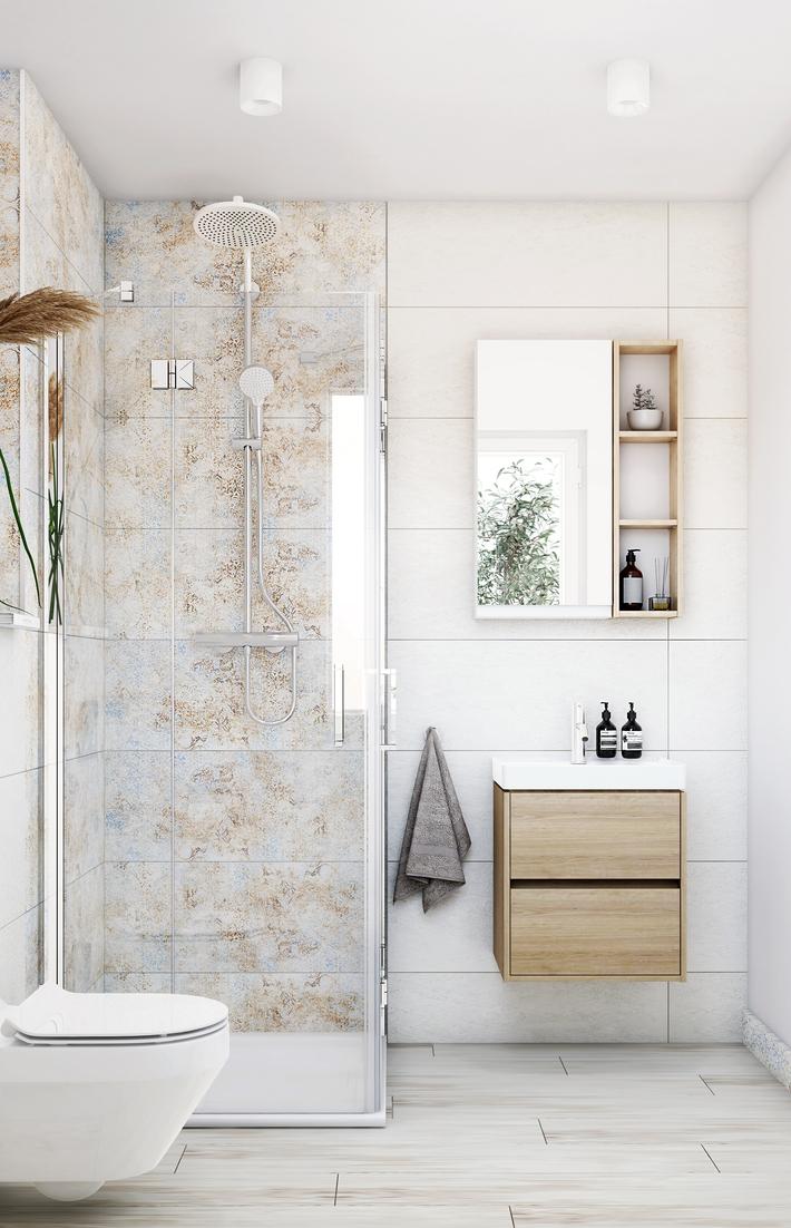 helles Badezimmer mit pastellfarbenen Akzenten