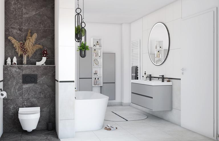 elegantes Badezimmer in Weiß und Schwarz