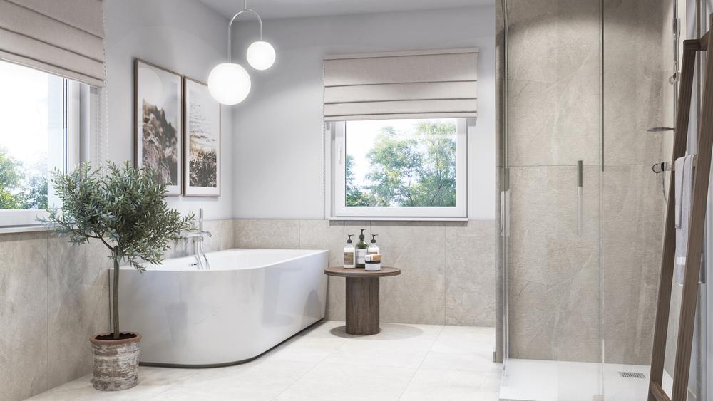 Minimalistisches Badezimmer mit Holz und Betonoptik