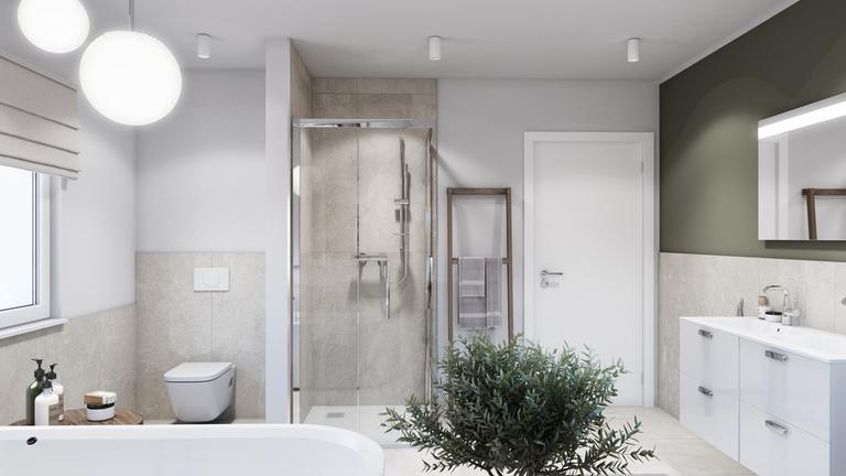 Minimalistisches Badezimmer mit Holz und Betonoptik