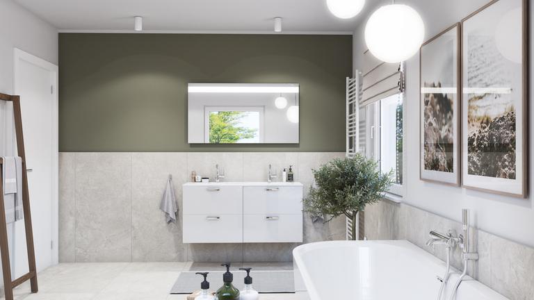 Minimalistisches Badezimmer mit Holz und Betonoptik