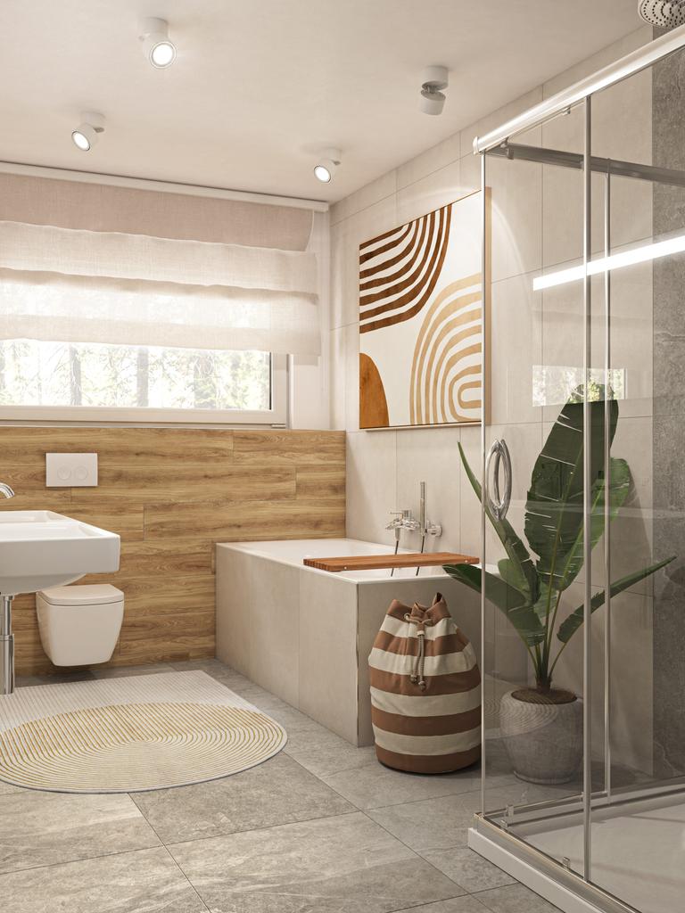 Badezimmer in warmen Brauntönen, Detailaufnahme des Raums, mit sanfter Beleuchtung