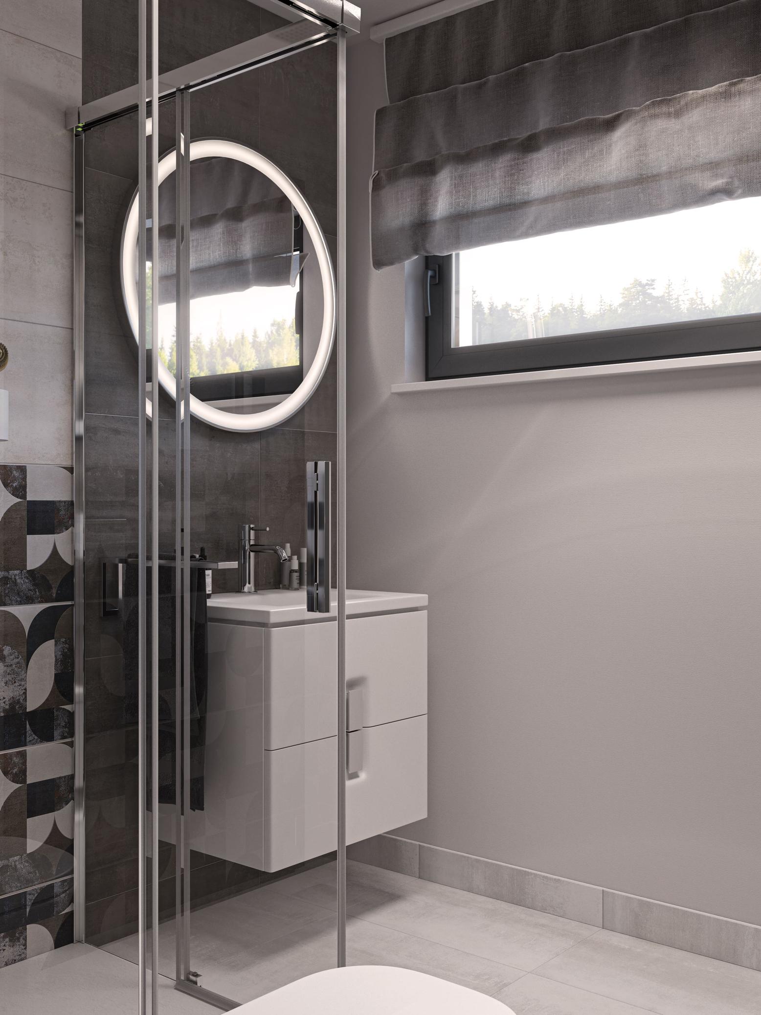 Badezimmer in Weiß & Grau mit Marmor, großzügiger Waschtisch und modernes Design