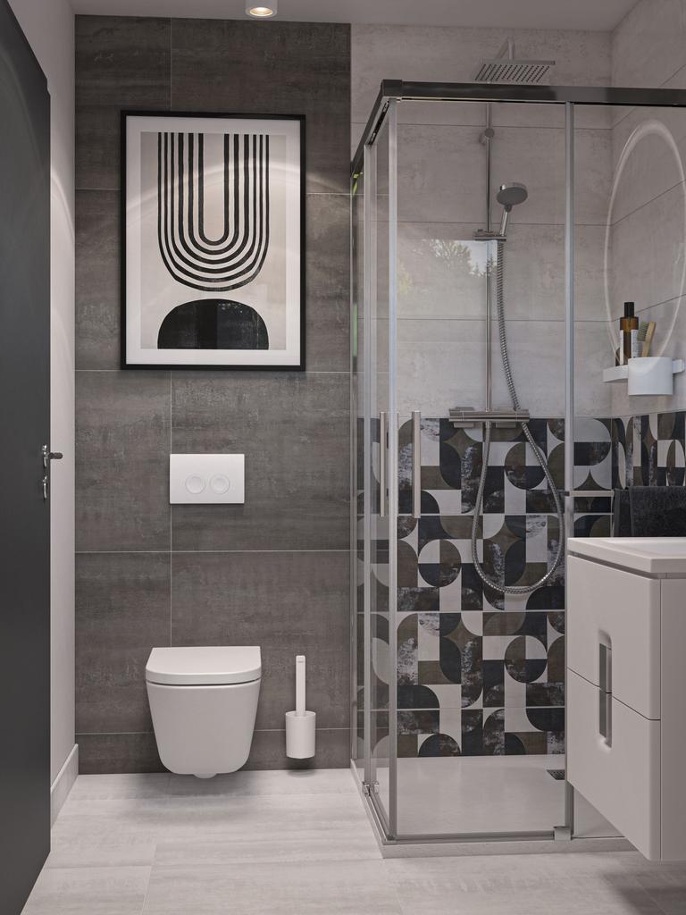 Badezimmer in Weiß & Grau mit Betonstruktur, großzügiger Waschtisch und skandinavischer Stil.