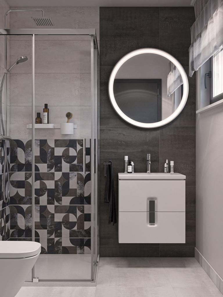 Badezimmer in Weiß & Grau mit Betonstruktur