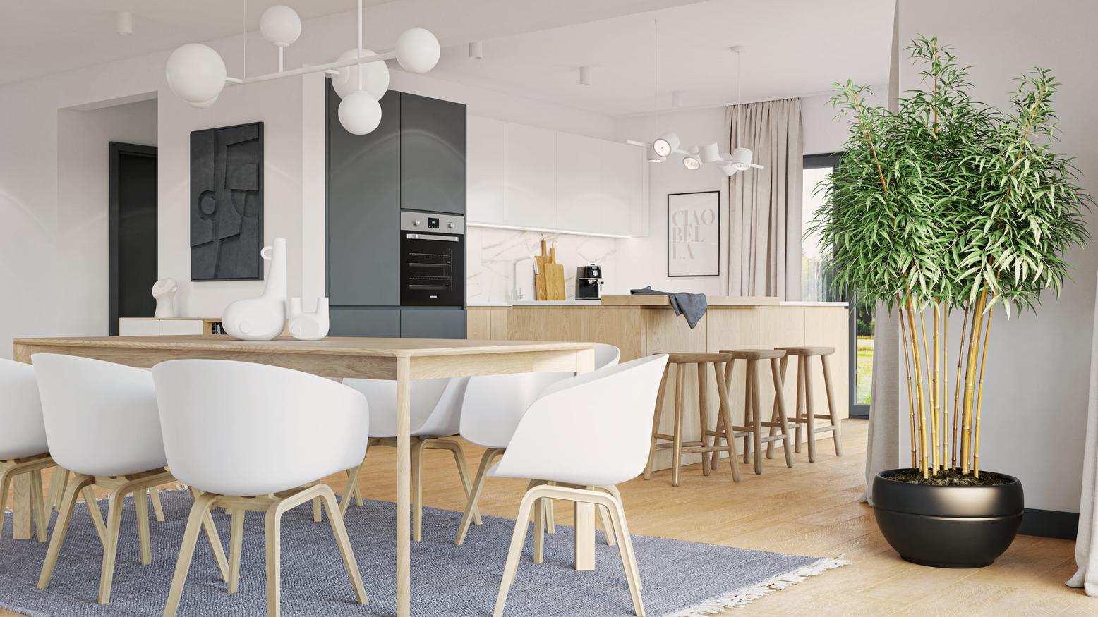 Wohn- und Essbereich in hellen, ruhigen Farben