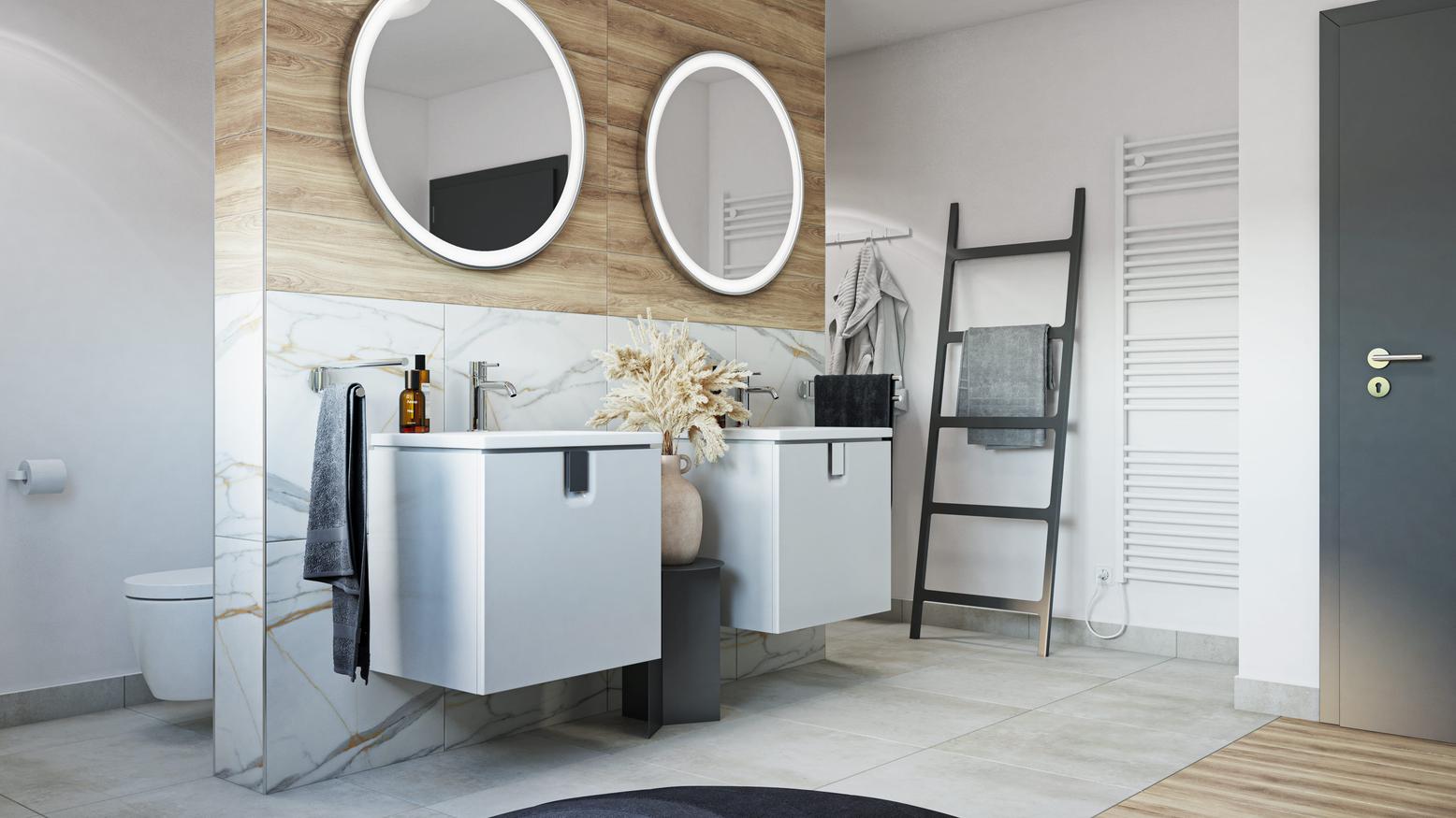 Badezimmer in Holzakzente mit Betonstruktur, großzügiger Waschtisch und modernes Design