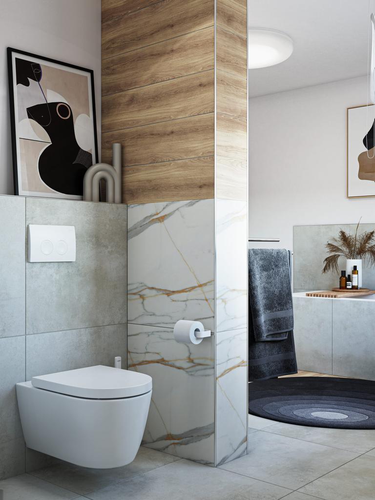 Badezimmer in Holzakzente mit Keramikfliesen, großzügiger Waschtisch und modernes Design