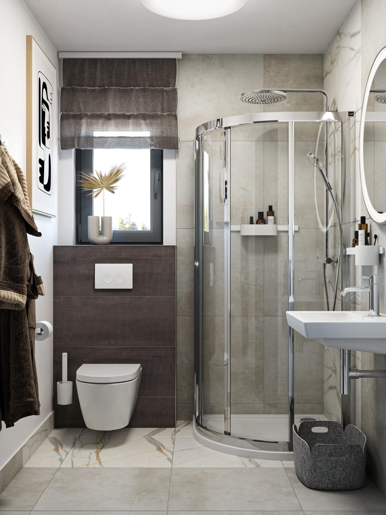 Badezimmer in Beige & Braun mit Marmor, großzügiger Waschtisch und skandinavischer Stil