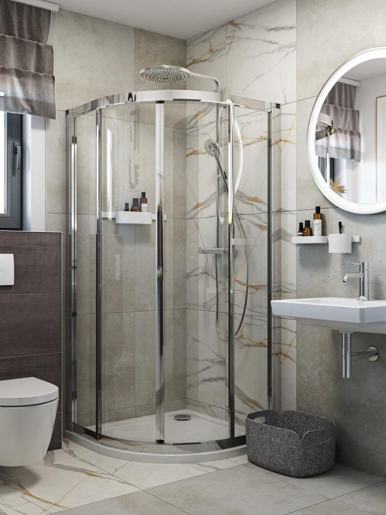 Badezimmer in Beige & Braun mit Naturstein, runde Spiegel und eleganter Look