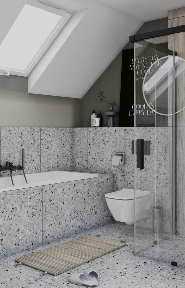 Badezimmer in Weiß & Grau mit Betonstruktur, runde Spiegel