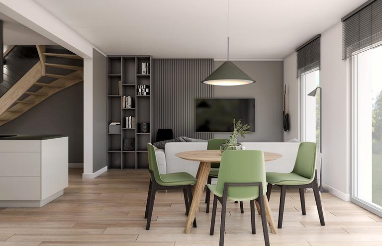 Skandinavisches Wohnzimmer mit grauen Vorhängen und weißen Wänden