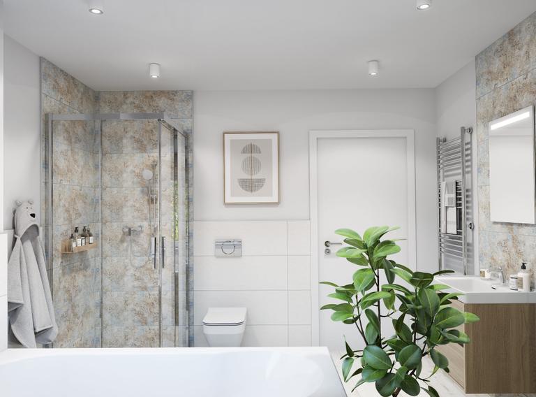 Badezimmer in Farbakzente mit Holzoptik, großzügiger Waschtisch