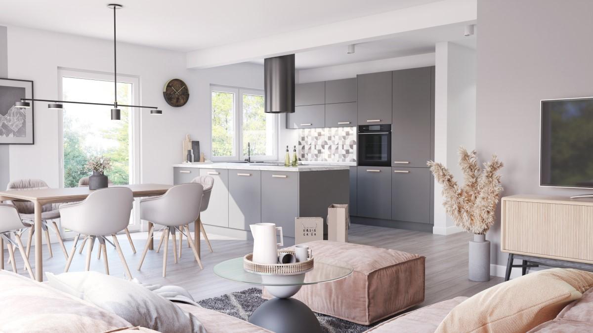 Küche mit Betonarbeitsplatte und grauen Accessoires