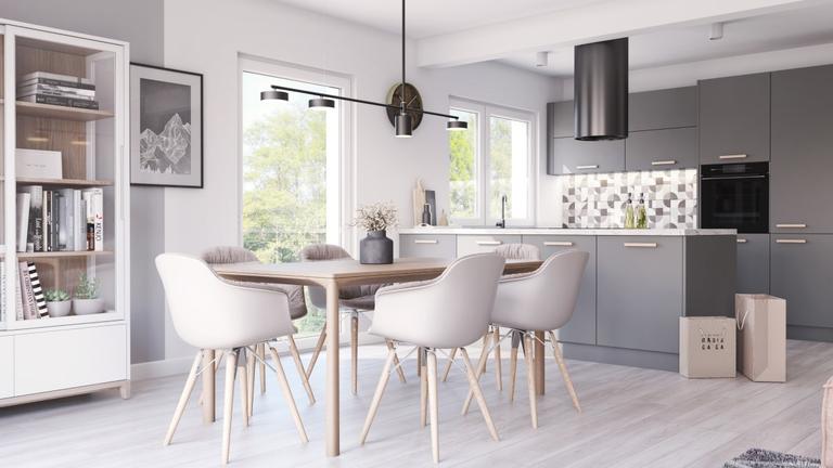 Esszimmer in Grautönen mit geometrischen Dekorationen