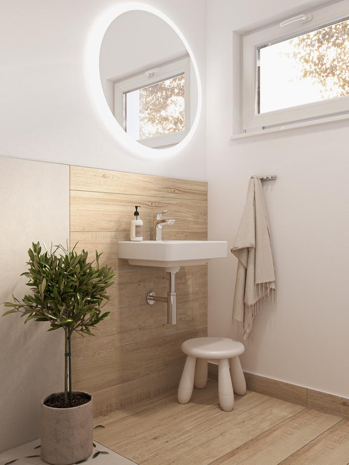 Toilette mit rundem Spiegel