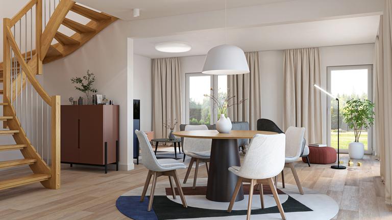 runder Tisch und weiße Lampe