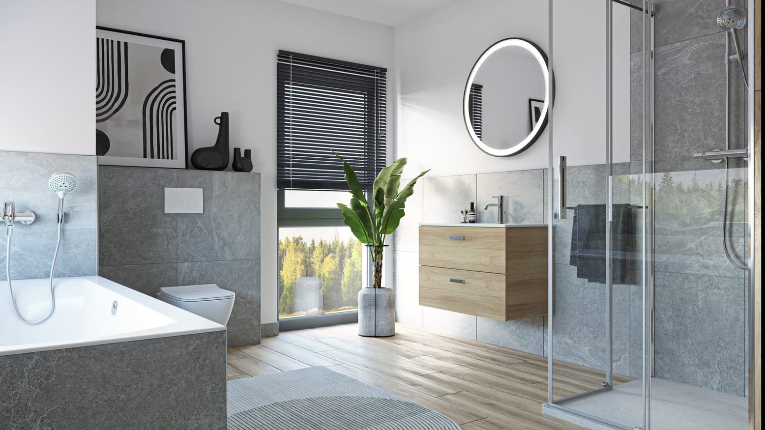 Minimalistisches Bad mit weiß-grauer Farbpalette und Holzdetails