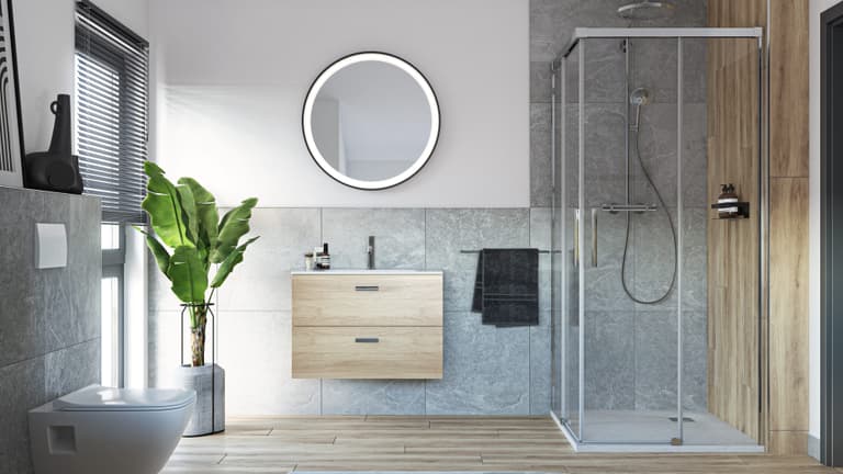 Minimalistisches Bad mit weiß-grauer Farbpalette und Holzdetails