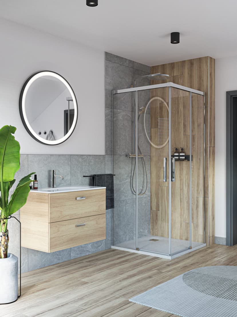 Minimalistisches Bad mit weiß-grauer Farbpalette und Holzdetails