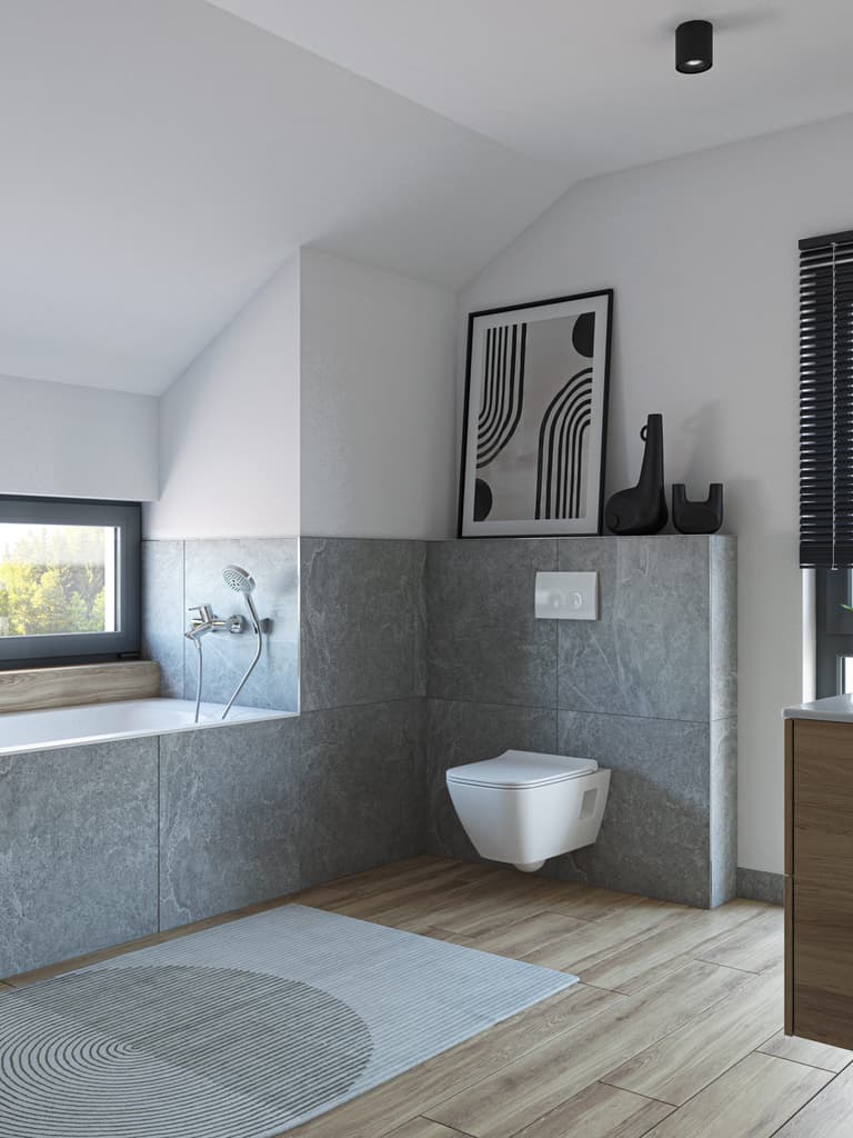 Minimalistisches Bad mit weiß-grauer Farbpalette und Holzdetails