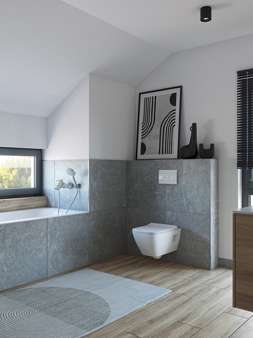Minimalistisches Bad mit weiß-grauer Farbpalette und Holzdetails