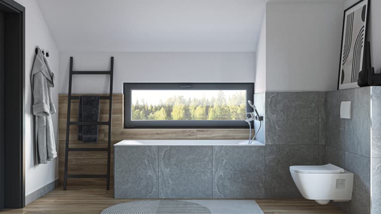 Minimalistisches Bad mit weiß-grauer Farbpalette und Holzdetails