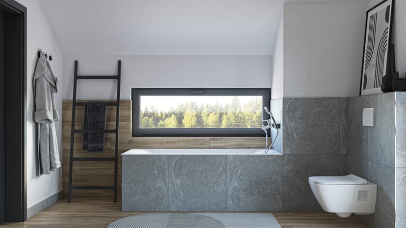 Minimalistisches Bad mit weiß-grauer Farbpalette und Holzdetails