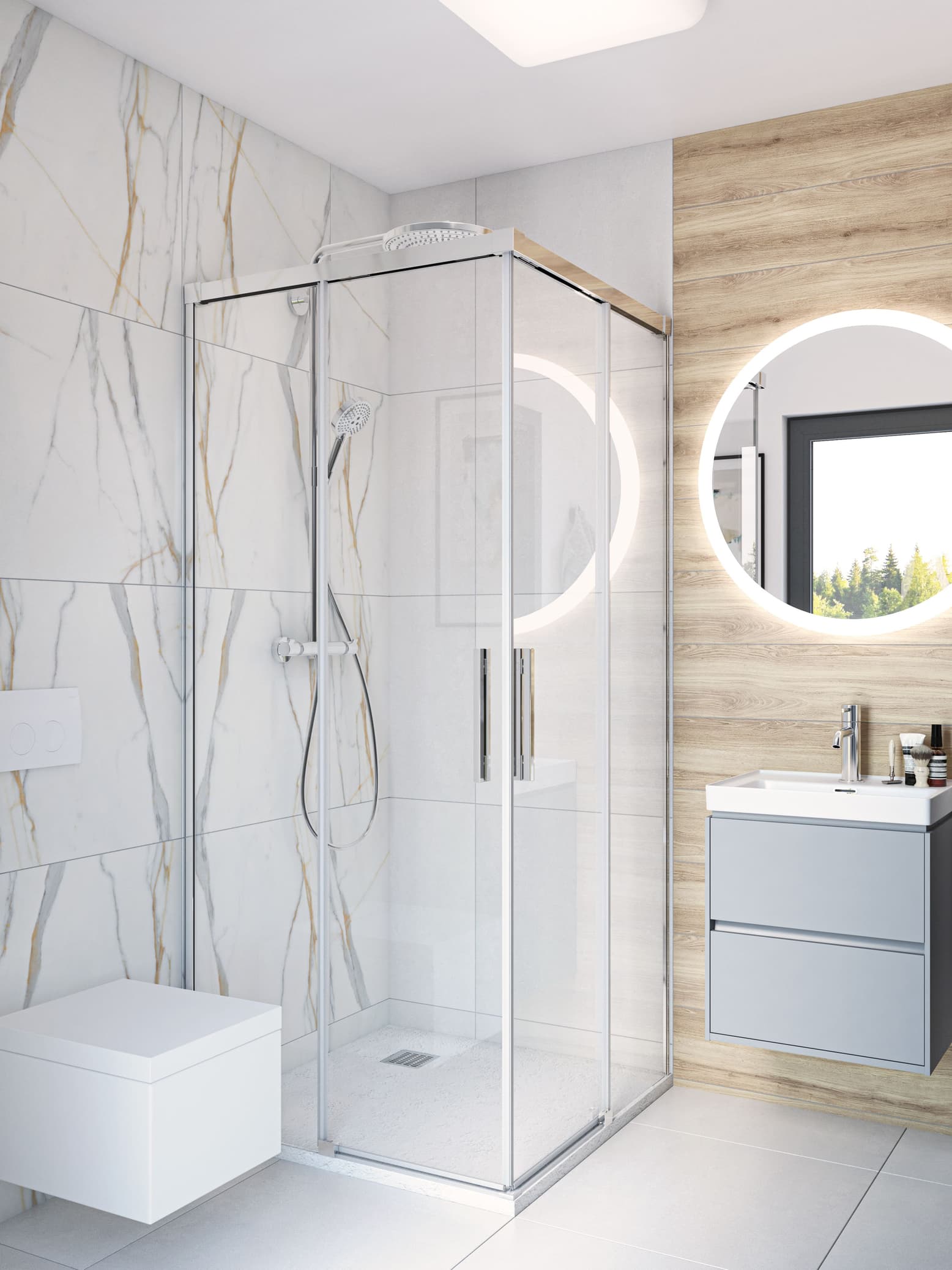 Zeitloses wcdesign mit Naturholz und neutralen Farben