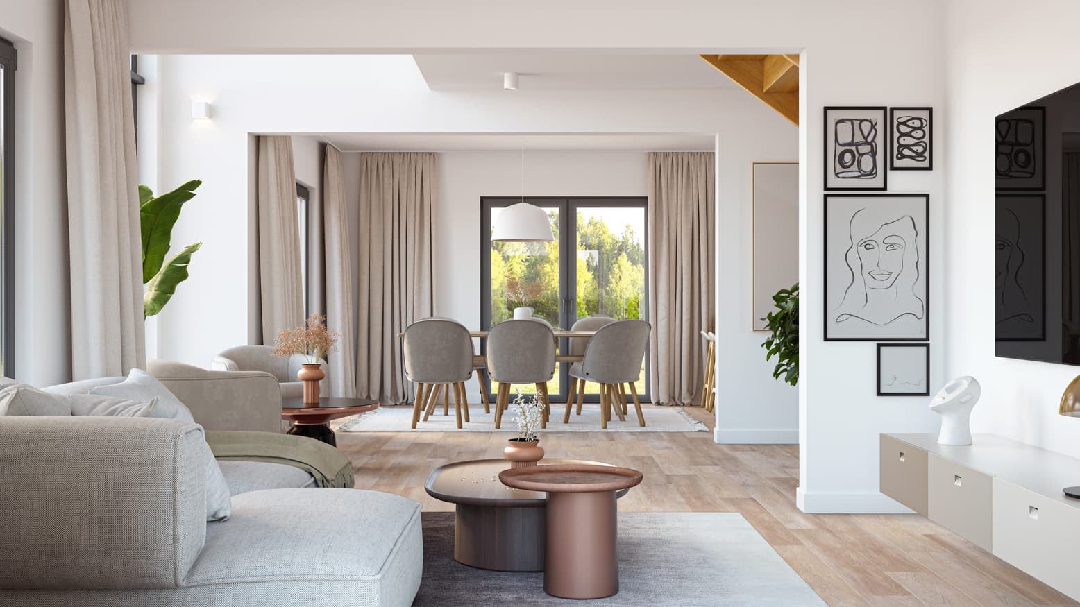 Helles Wohnzimmer in Weiß und Grau mit Holzakzenten